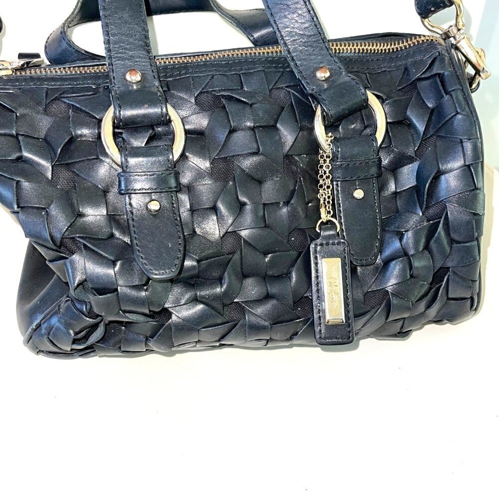 Cole Haan Leather Handbag Womens Woven Barrel Satchel Detachable Strap Black - Picture 10 of 16